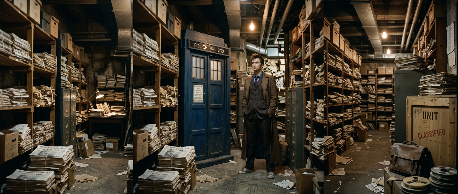 Person in brown coat and suit standing next to blue police box in a room full of shelves with newspapers and files
