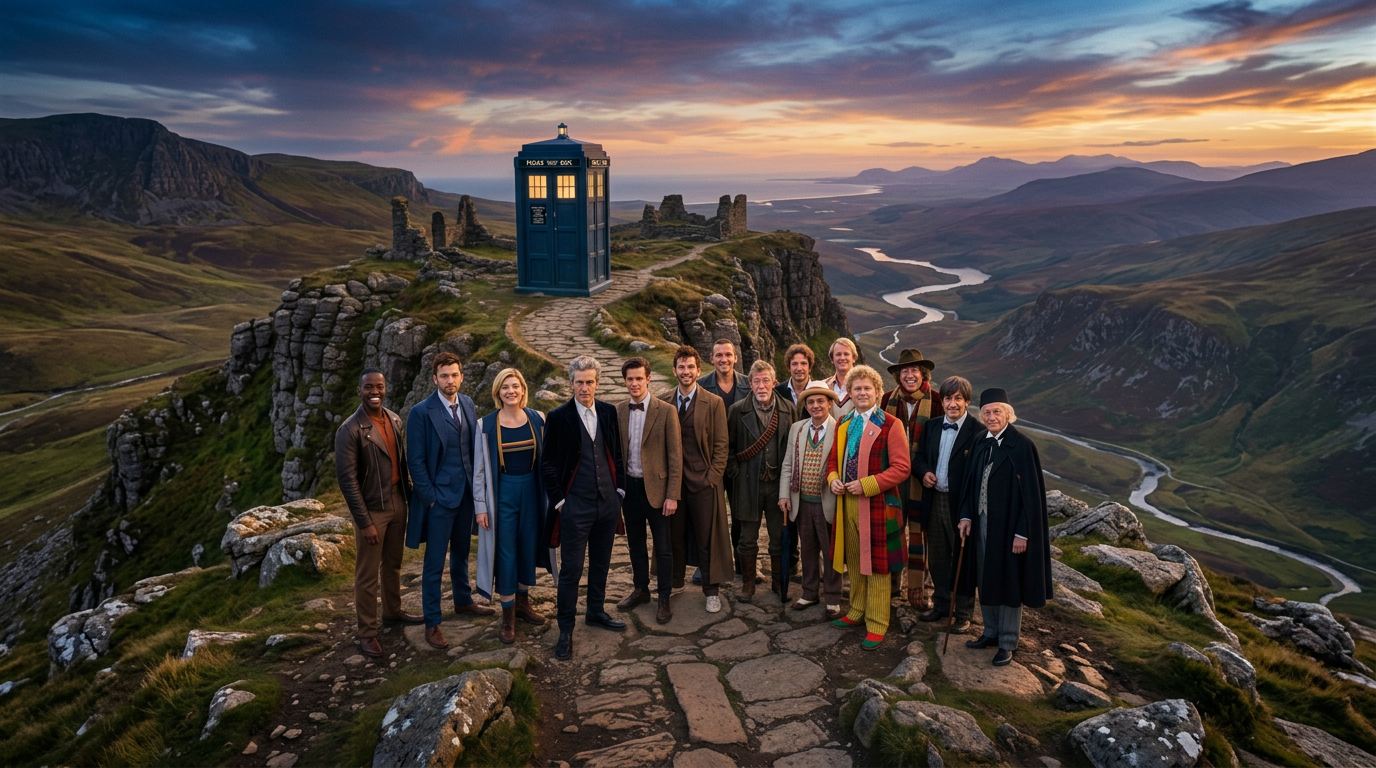 Group of actors dressed as various Doctor Who incarnations standing on a rocky path with TARDIS at sunset