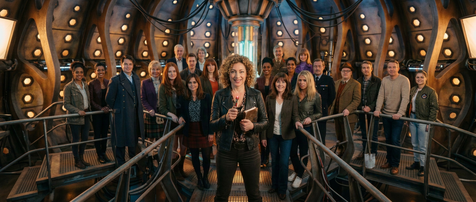 Group of female Doctor Who characters inside the TARDIS control room.