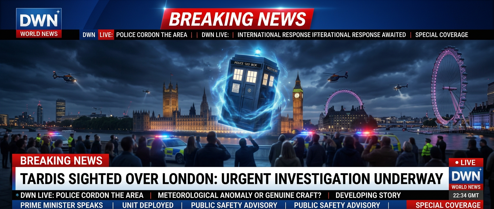 TARDIS floating over London near Big Ben with police and helicopters present